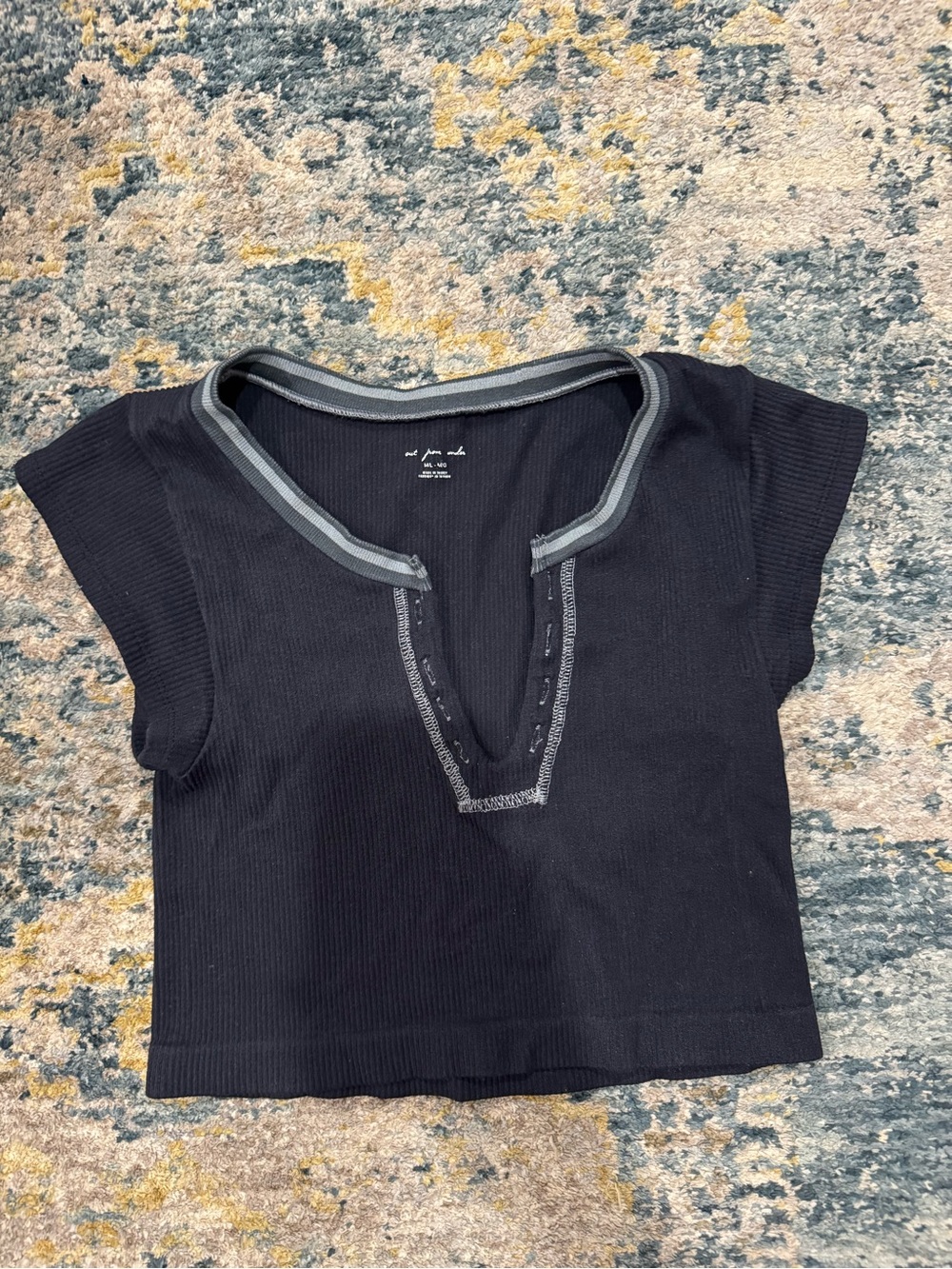 Urban Outfitters Black Ribbed V-Neck Tee with Gray Trim